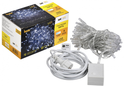  Гирлянда ИЭК нить 10 м 100 led белый свет IP44 прозрачный шнур 3 м. 8 сцен