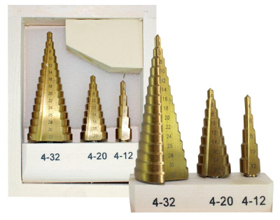 Набор сверл ступенчатых по металлу 3 шт. 4-12, 4-20, 4-32 мм, HSS Сталь, в дер. кейсе "LIT" (2/50)