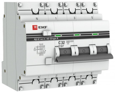 Диф. автомат ЭКФ АД-32 4Р 32А 30 мА